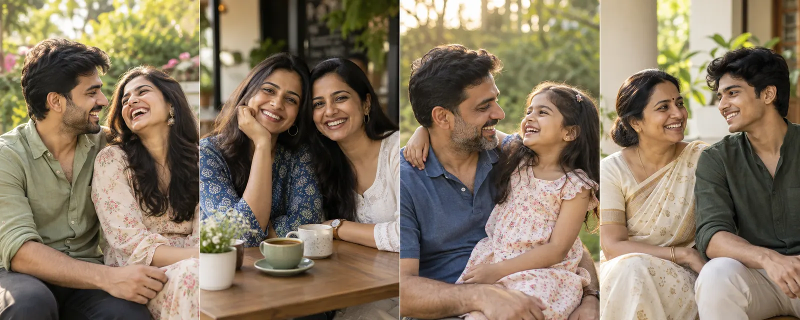 Illustrative moments between a couple, two friends, a father and daughter, and a mother and son